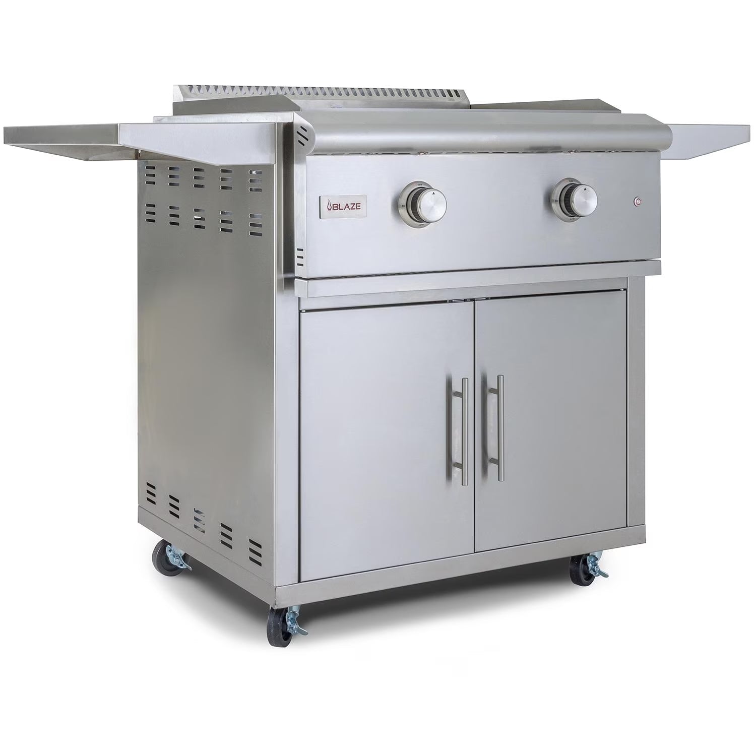 Stainless freestanding natural gas griddle with two control knobs and cabinet doors