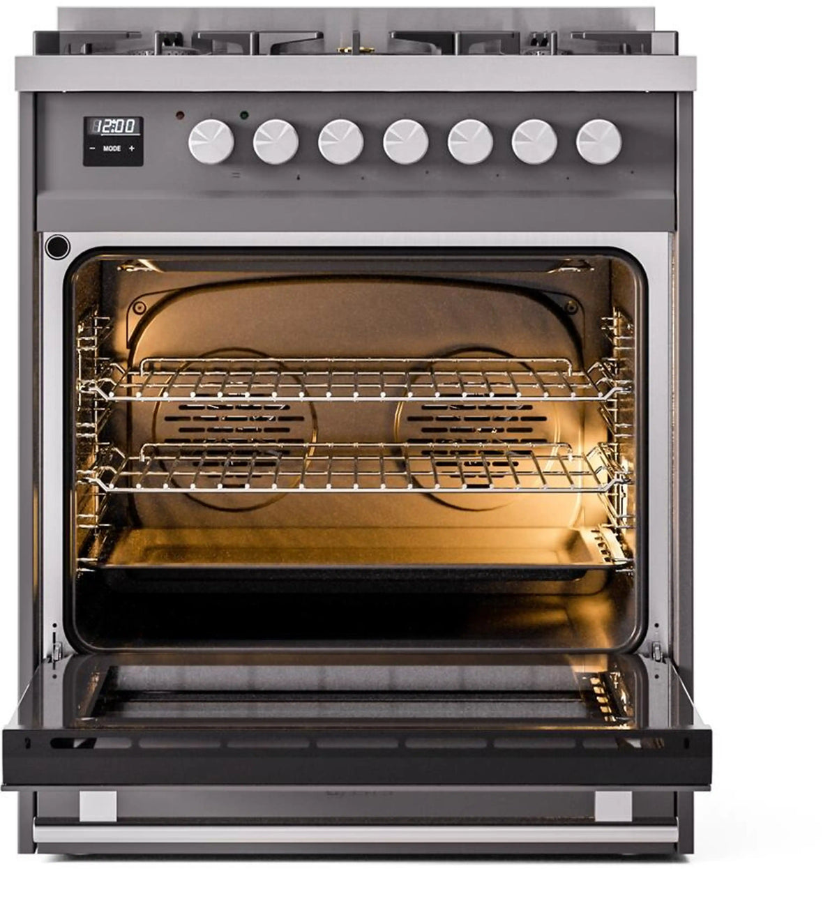 Freestanding dual fuel range with oven interior and racks shown in matte graphite.