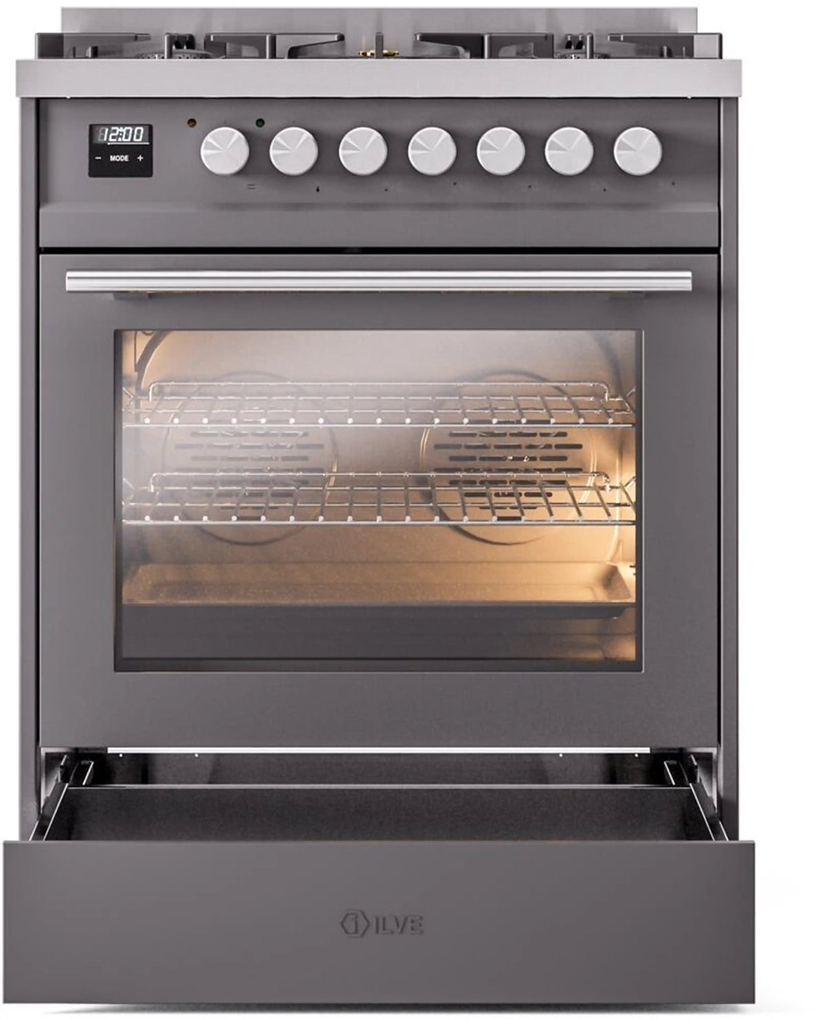 Front view of matte graphite gas range with five burners and lit oven