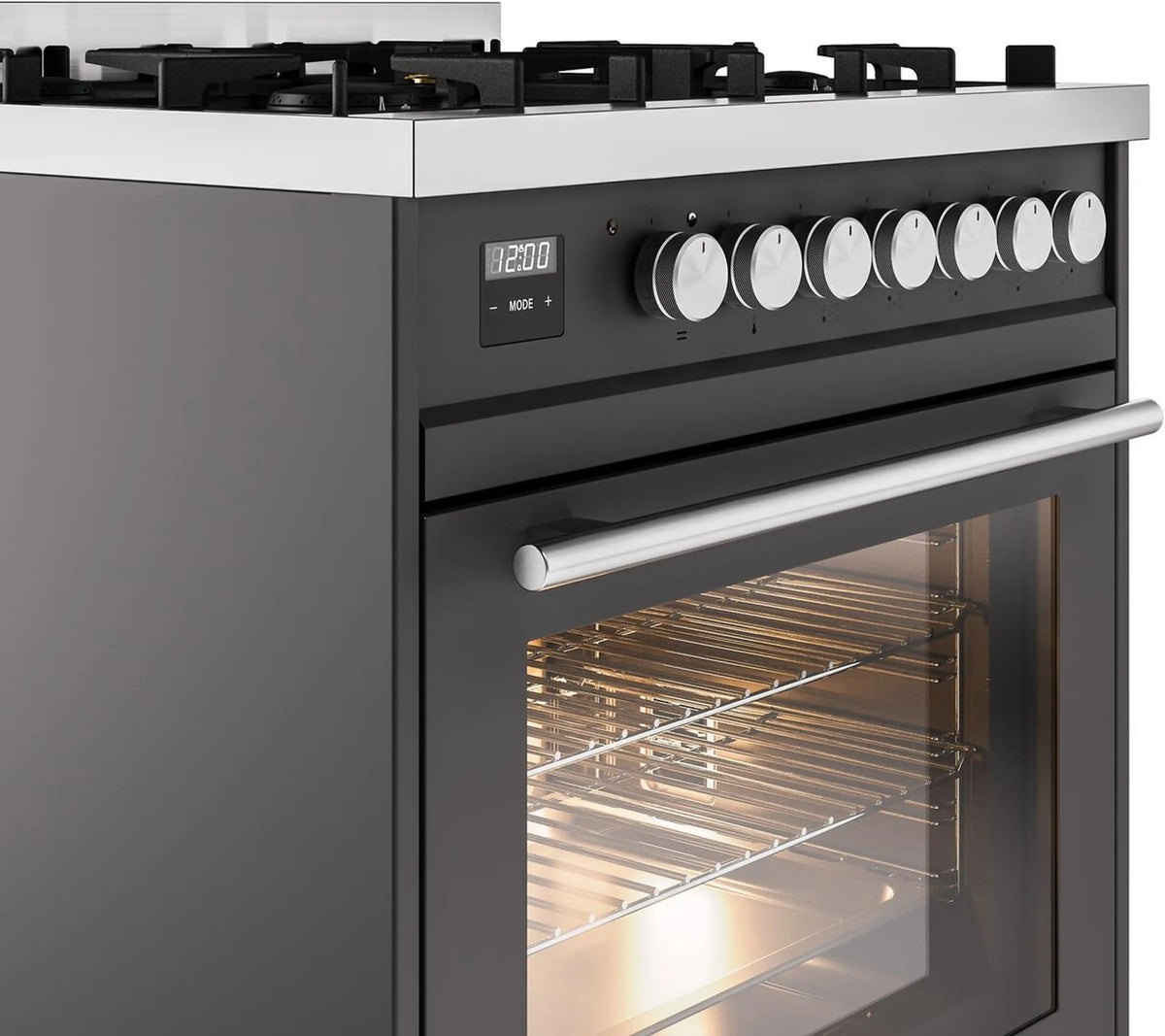 Matte graphite control panel with round knobs and oven window above