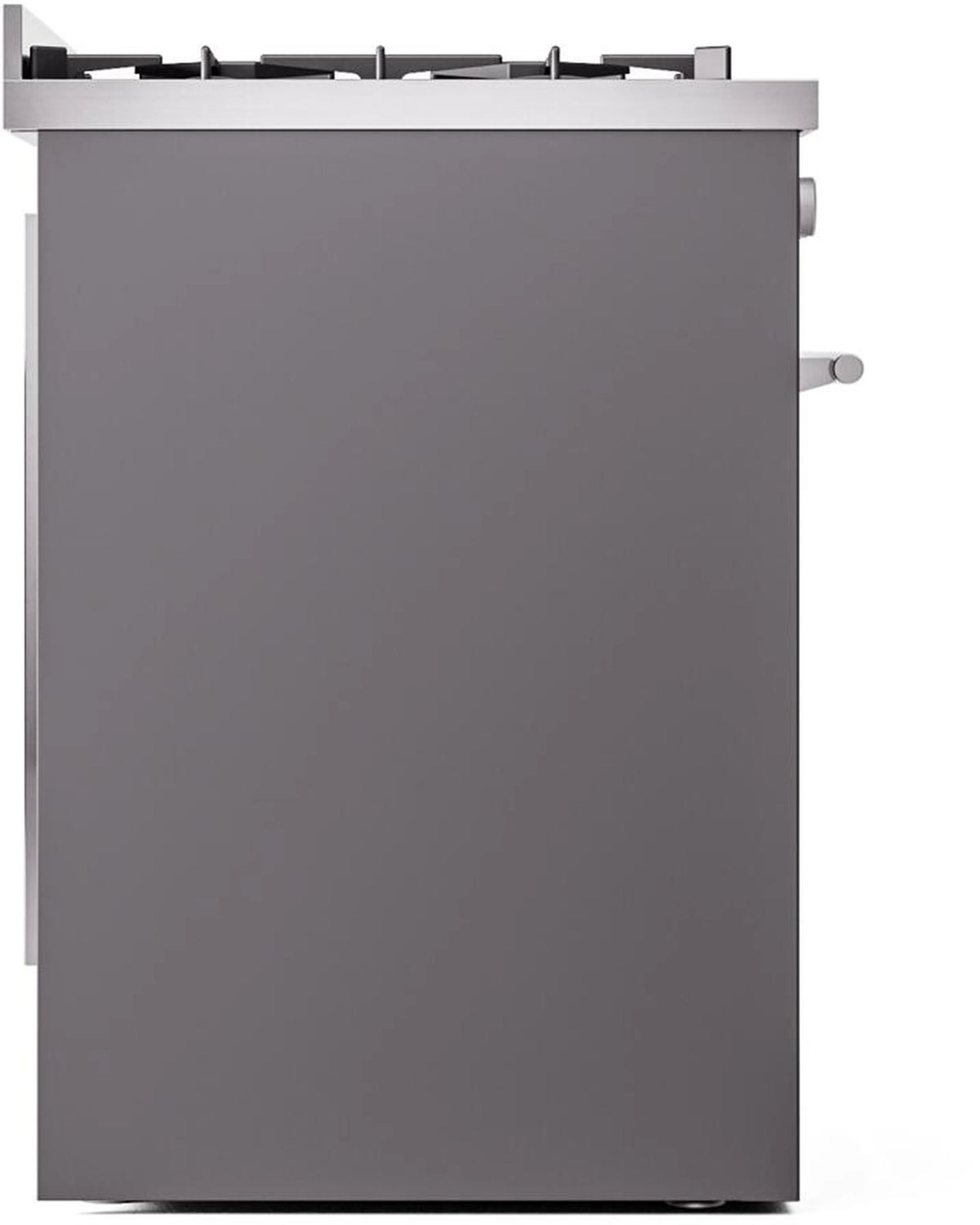 Matte graphite side panel of freestanding gas range with top burner rail