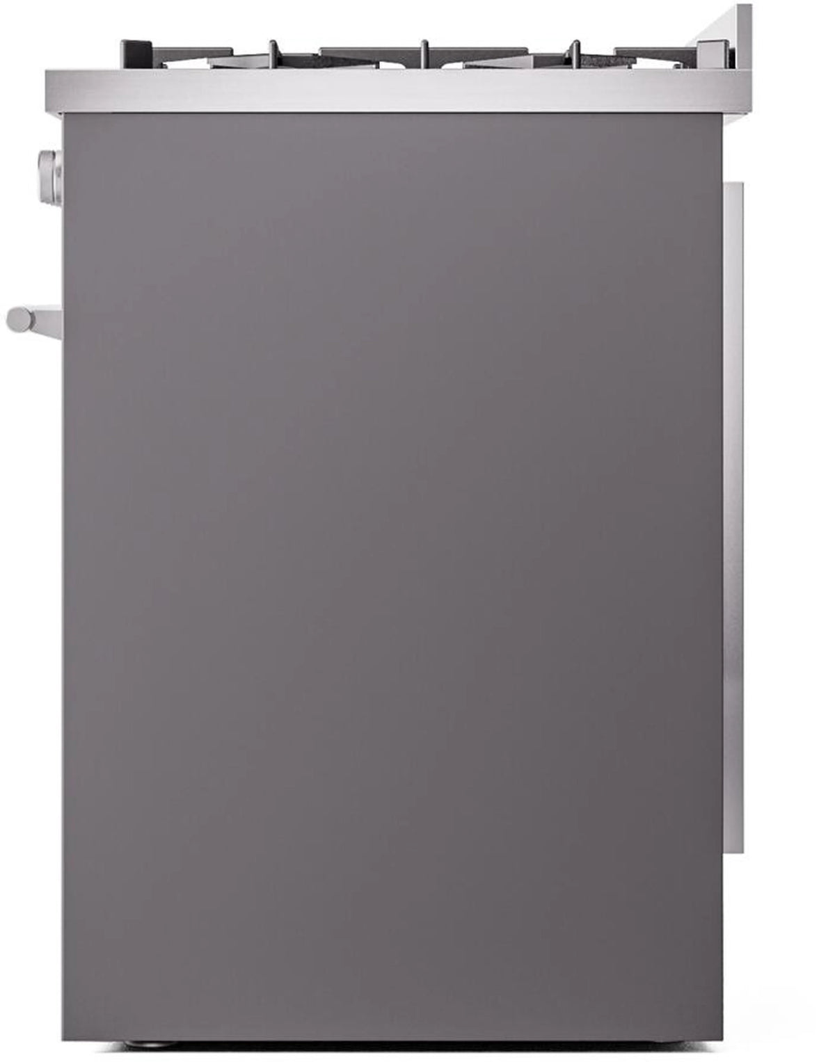 Matte graphite side panel of freestanding gas range with top burner rail