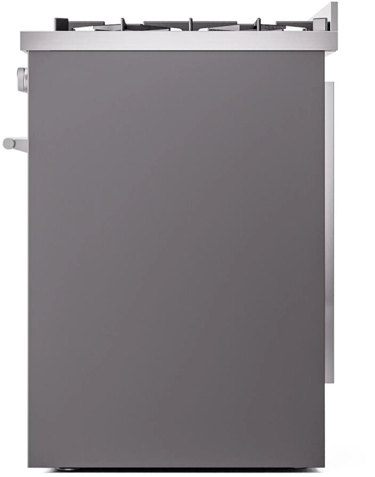 Matte graphite back panel of a freestanding dual fuel range with side vent details.
