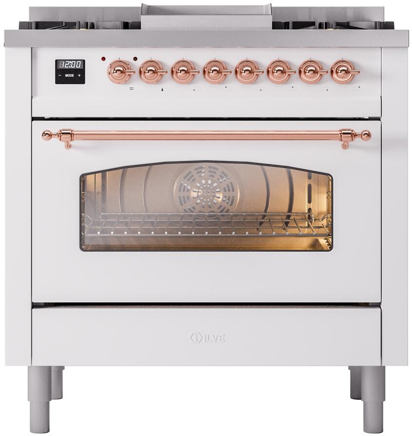 White freestanding range with copper control knobs and windowed oven door