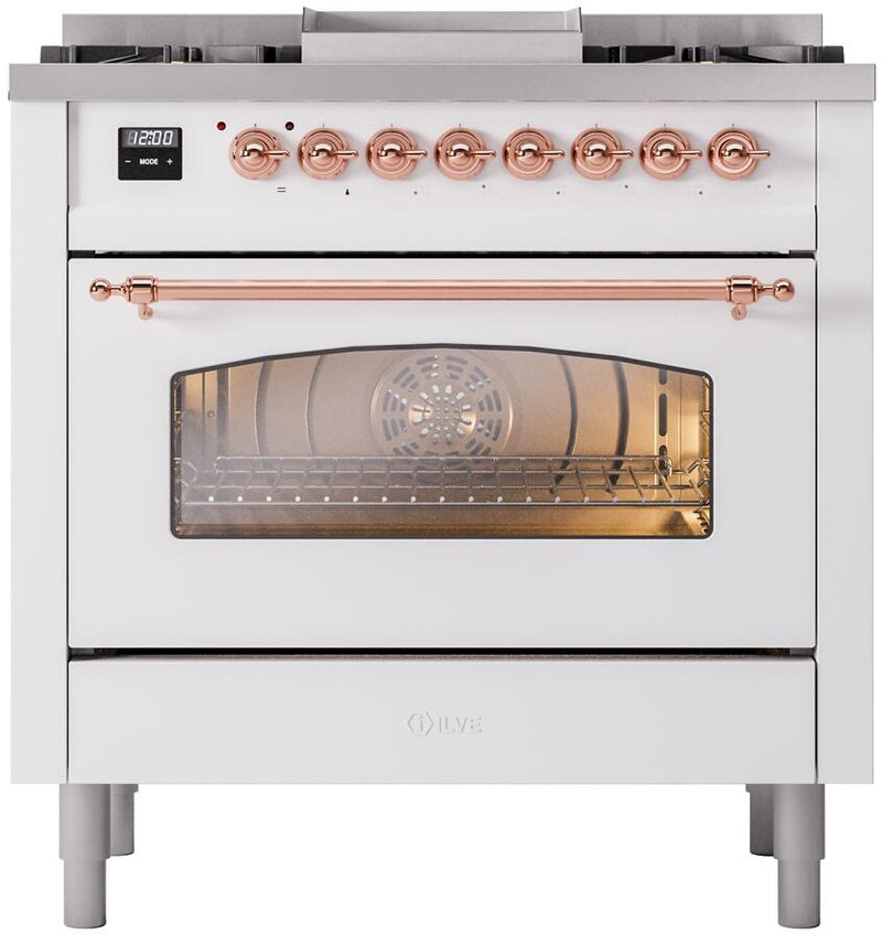 ILVE Nostalgie II 36-Inch Dual Fuel Freestanding Range in White with Copper Trim (UP36FNMPWHP)