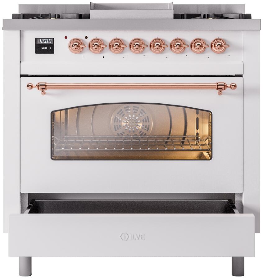 White range oven door with sliding drawer open for storage beneath