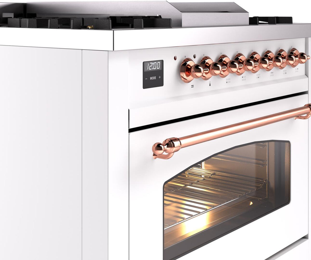 White cooktop with copper control knobs, long copper handle, and oven window