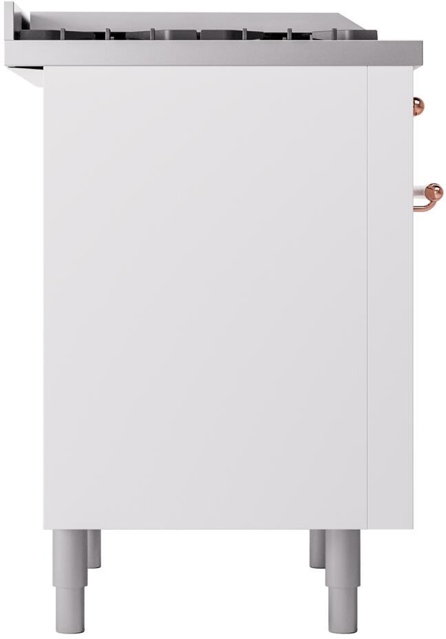 White side panel of a freestanding gas range with copper control knob and feet