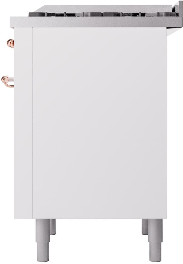 White freestanding range opposite side panel with rear legs and top trim