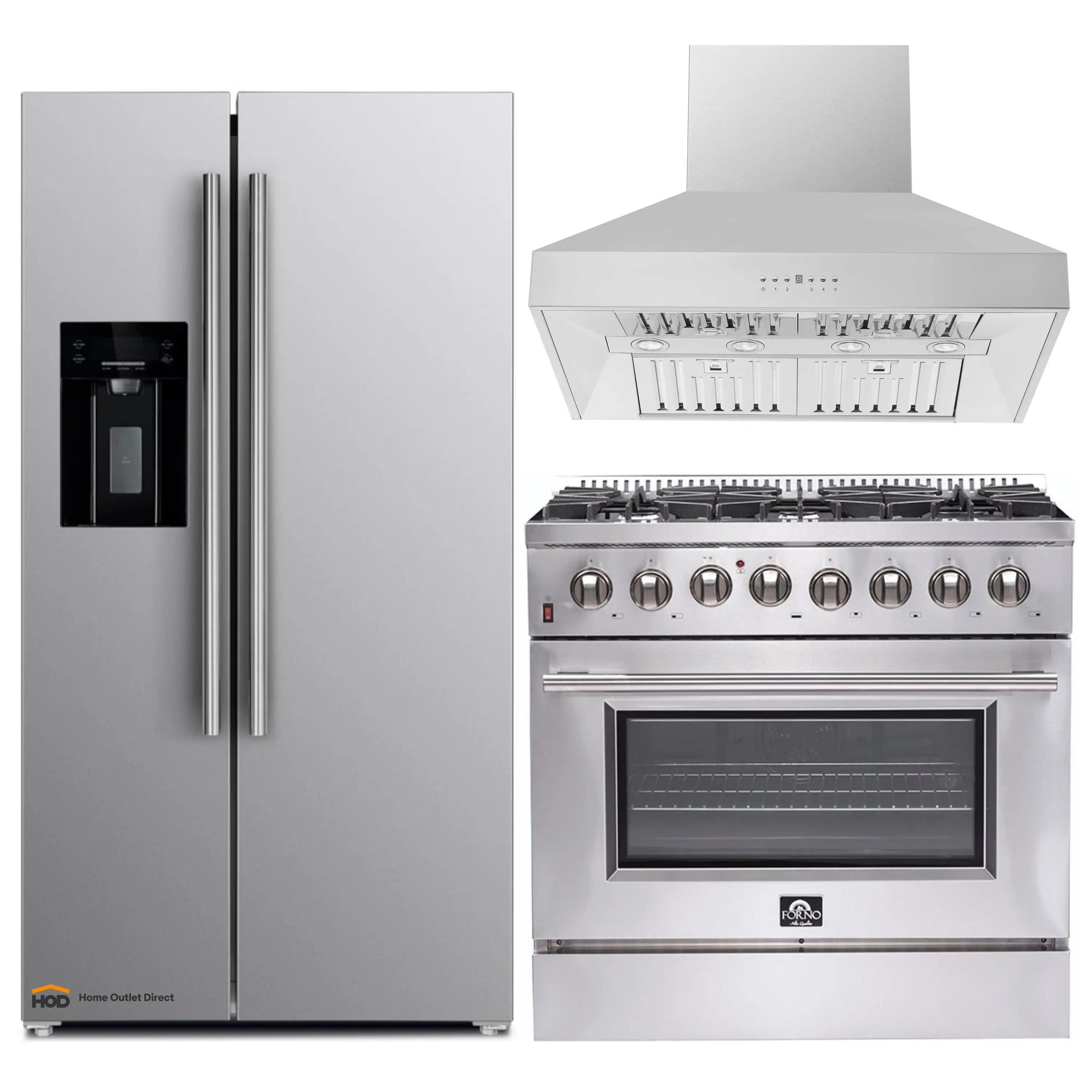Stainless steel refrigerator beside 36-inch dual fuel range with control knobs
