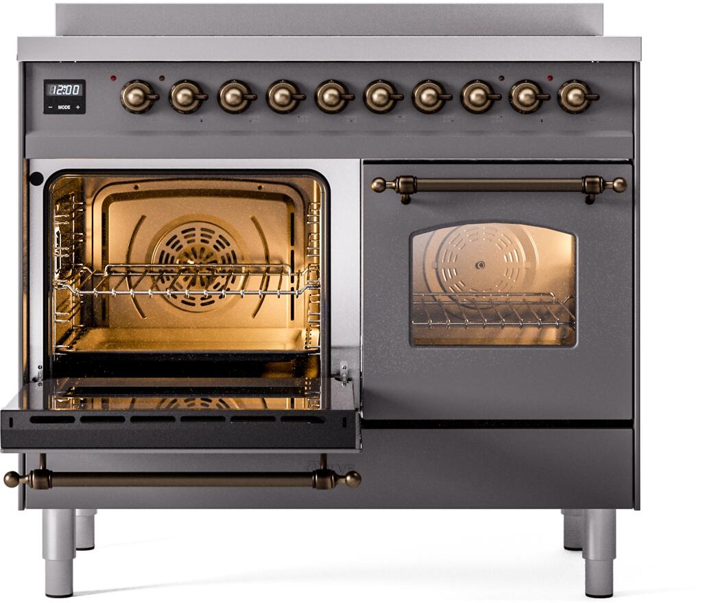 Freestanding induction range with left oven open and right oven door closed, bronze trims.