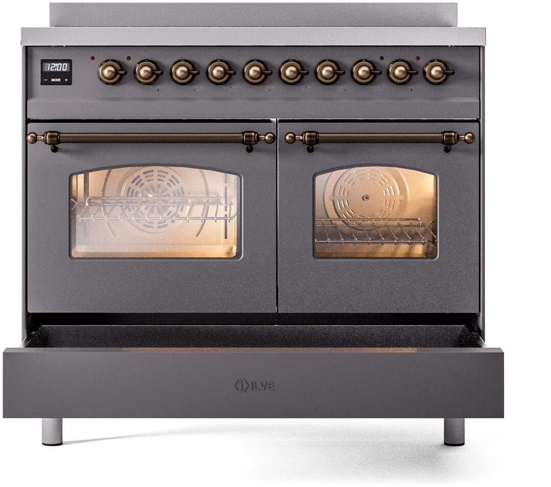 Freestanding induction range with both oven doors closed, bronze knobs and digital display.