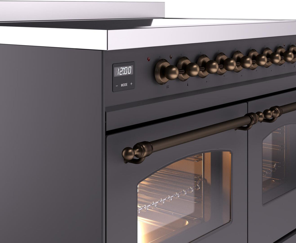 Freestanding induction range control panel detail with bronze knobs and display, matte graphite.