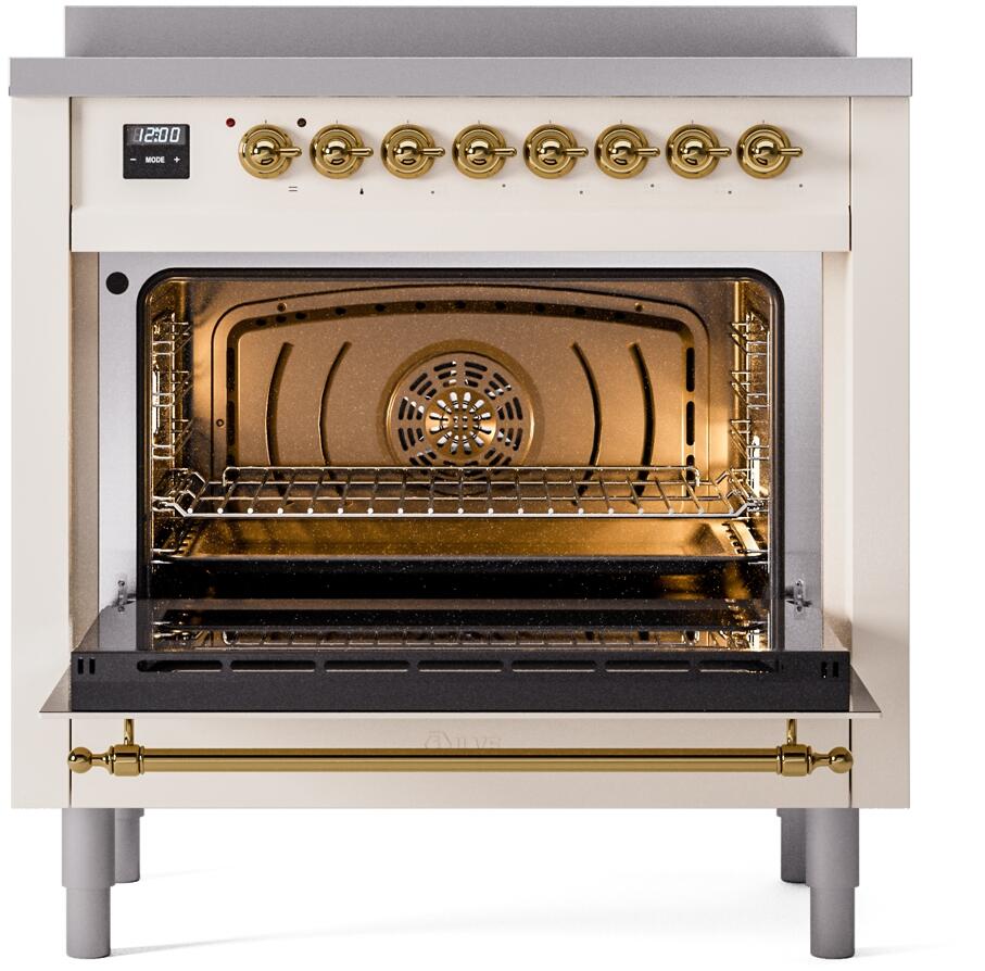 Antique white oven door open showing interior rack and brass trim