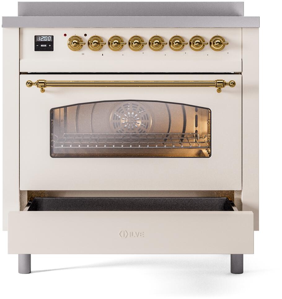 Antique white freestanding oven with glass window showing interior rack