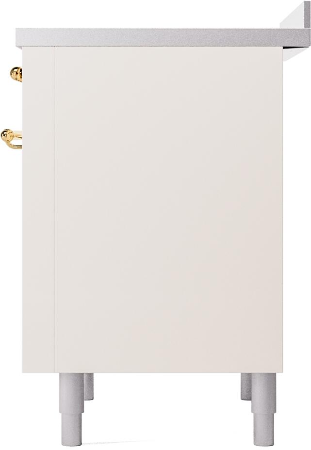Antique white range back panel with brass knob and four leveling legs