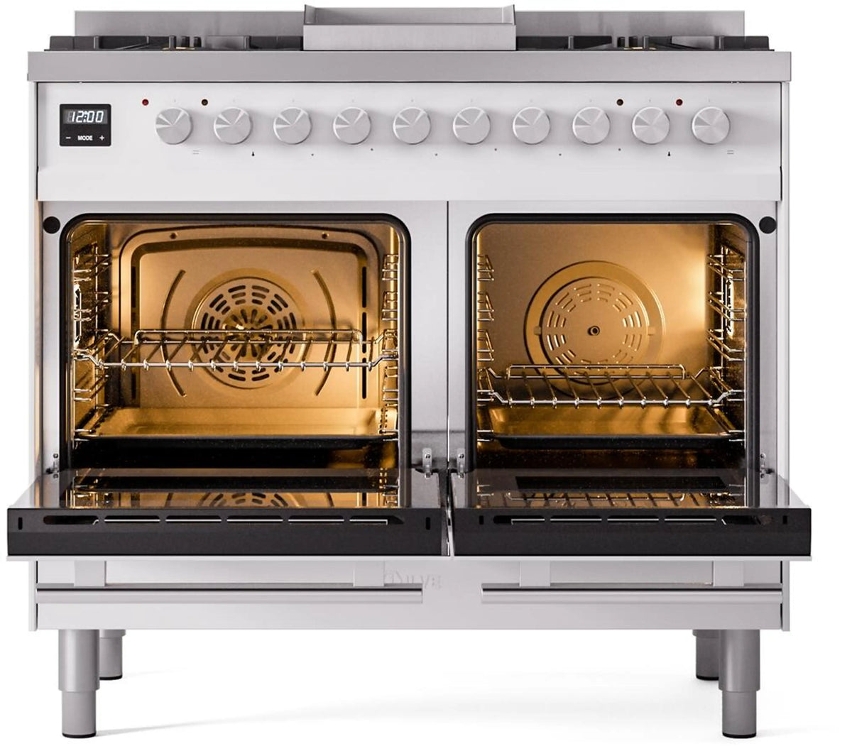Freestanding dual-fuel gas range with both oven doors open and lit interiors