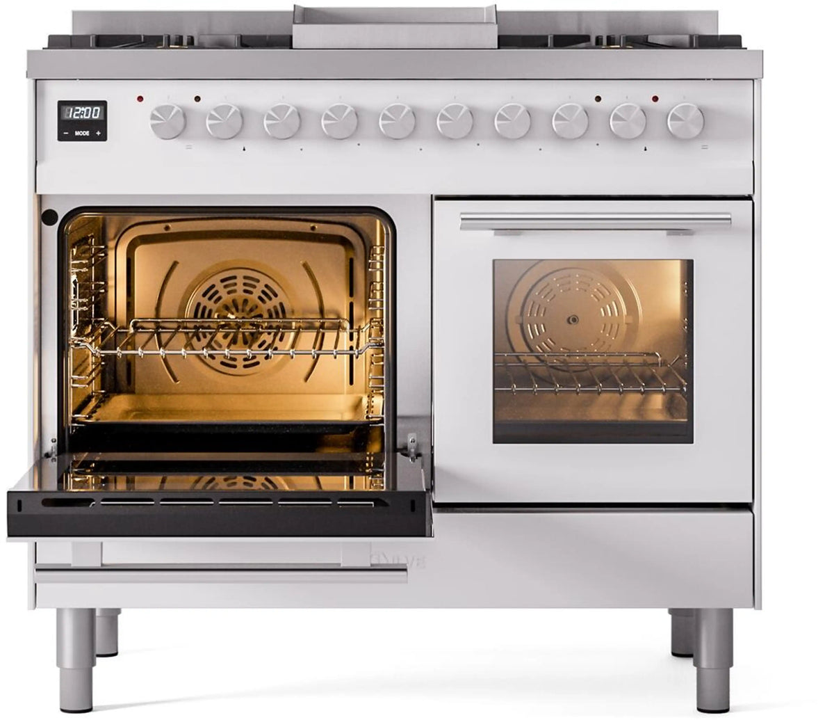 Freestanding dual-fuel gas range with left oven door open and right oven door closed
