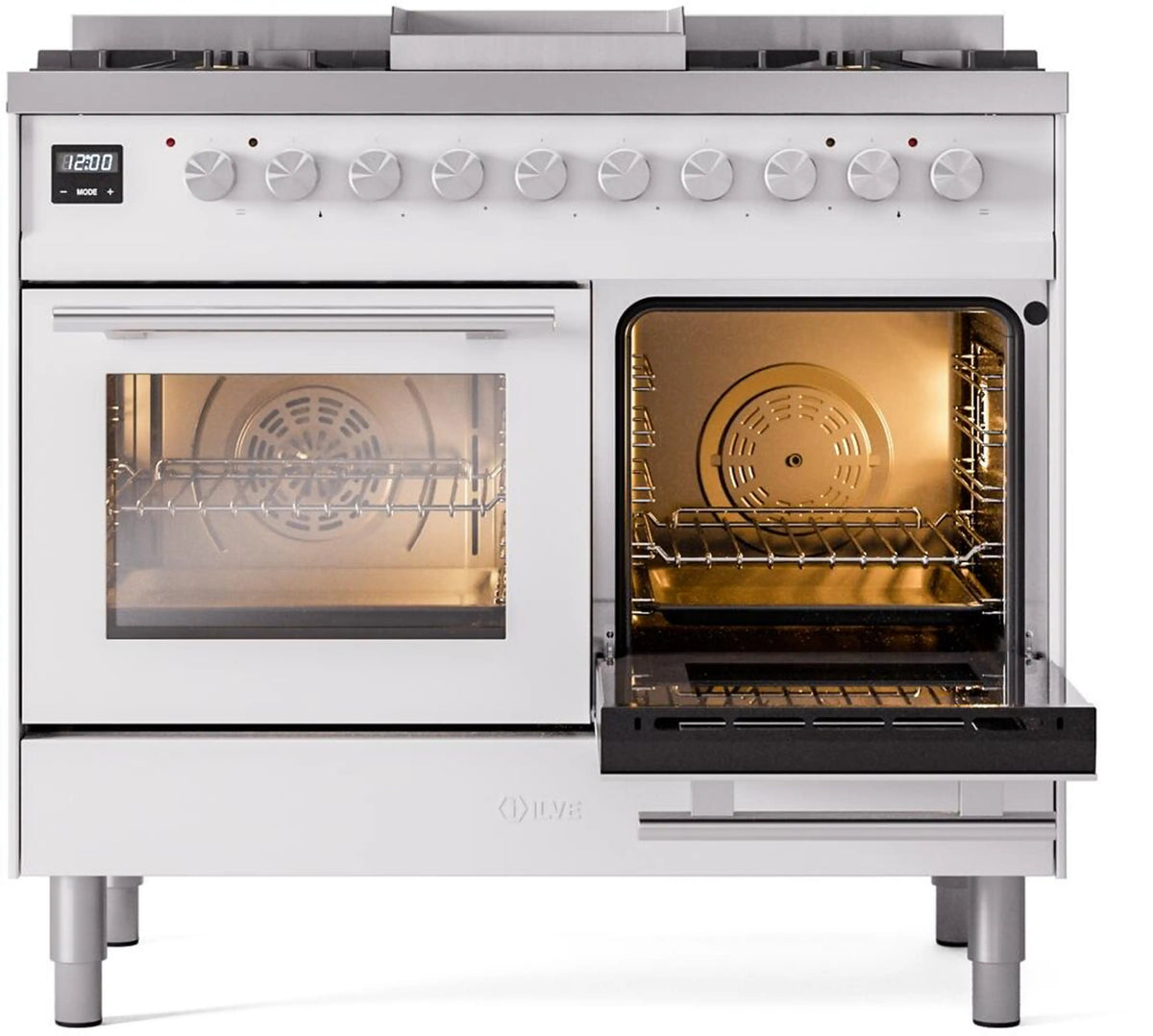 White freestanding dual fuel range with one oven door open and other oven closed