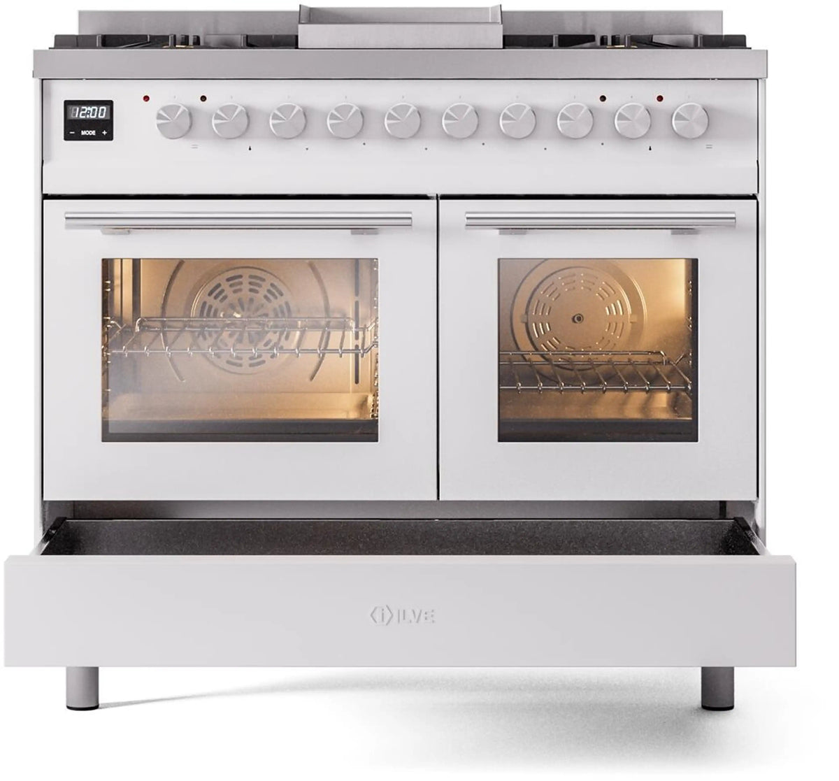 White freestanding dual fuel range with oven doors closed and pullout drawer below
