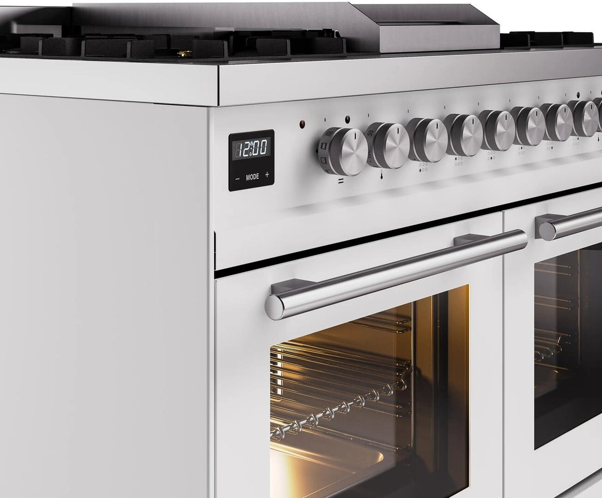 Freestanding dual fuel range control panel with display and row of control knobs