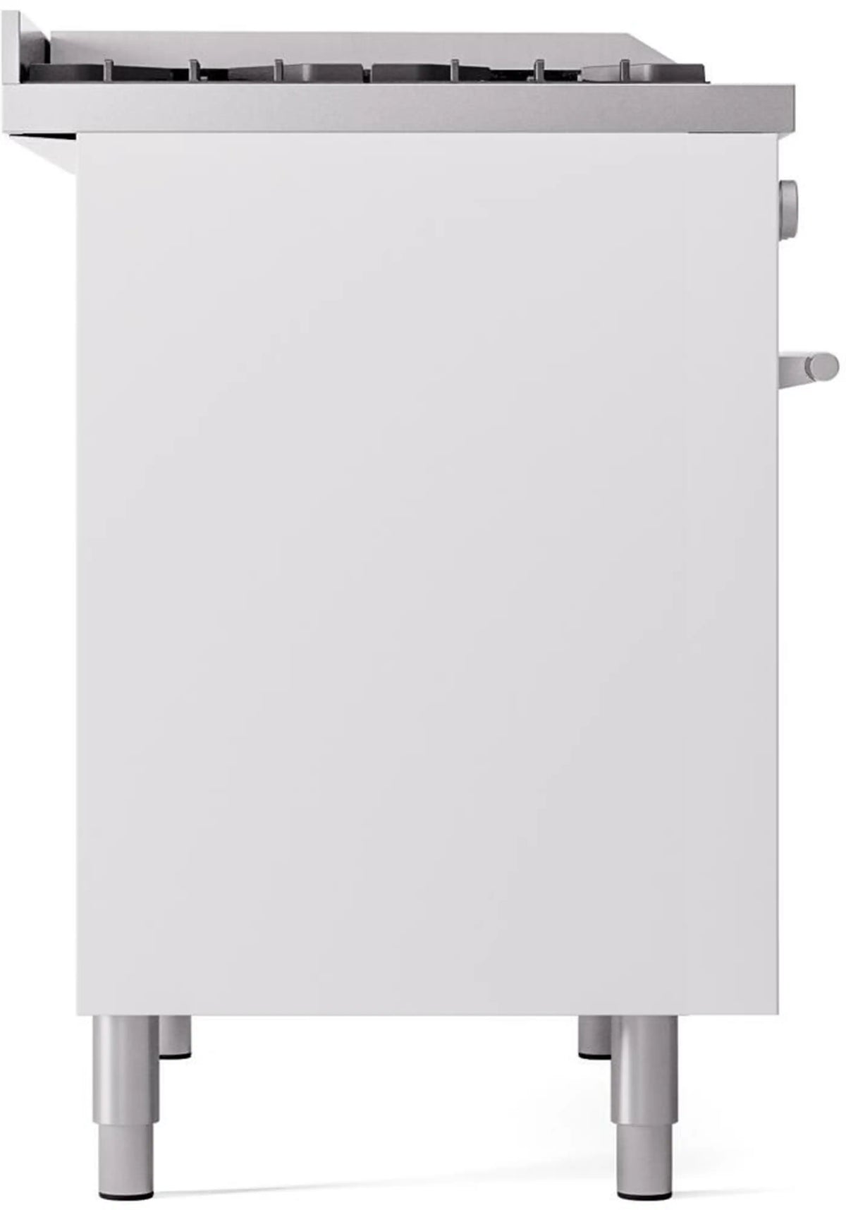 White freestanding dual-fuel range base with four legs and rear control panel.