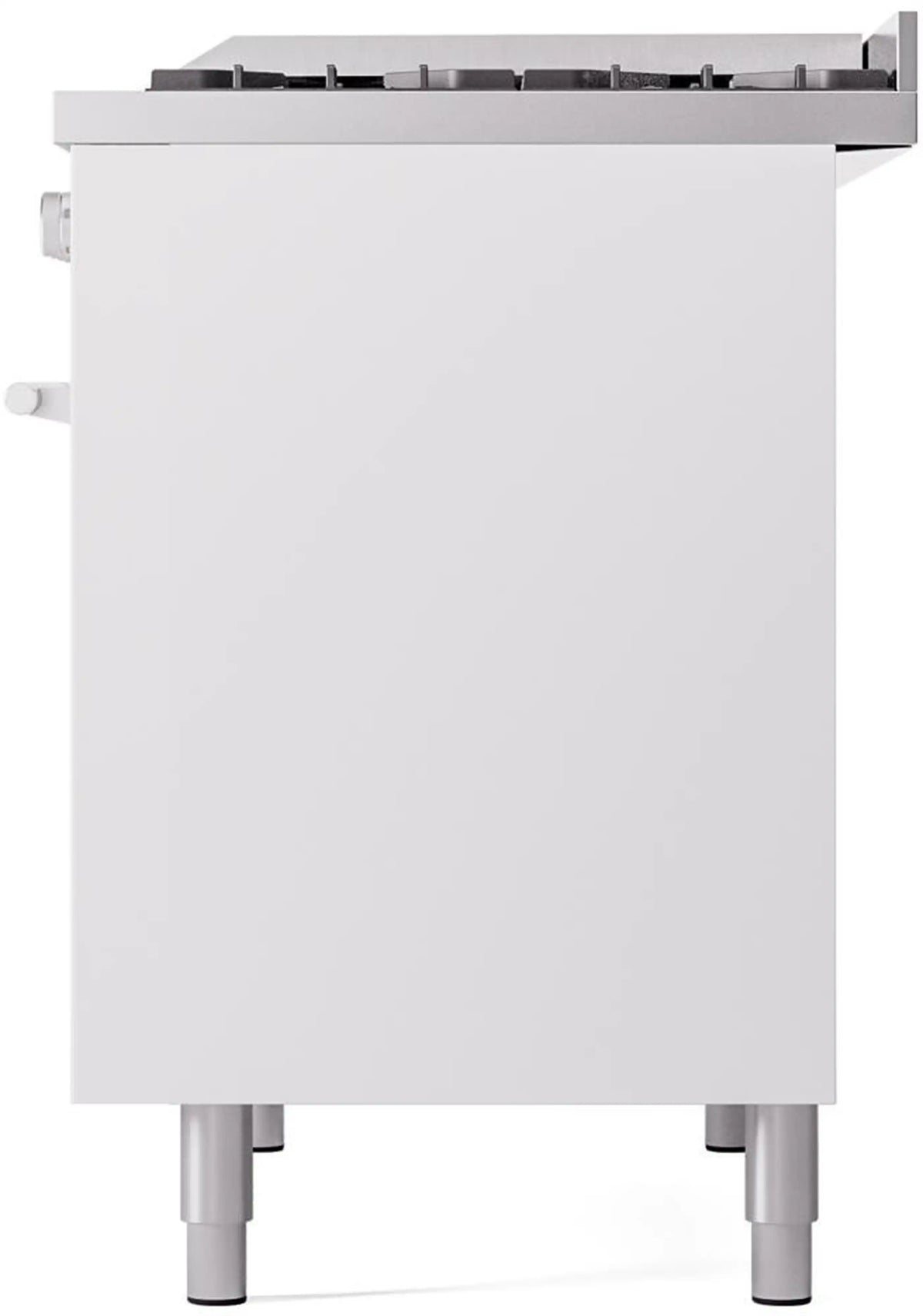 Freestanding dual fuel range, white back panel with corner knobs and four feet