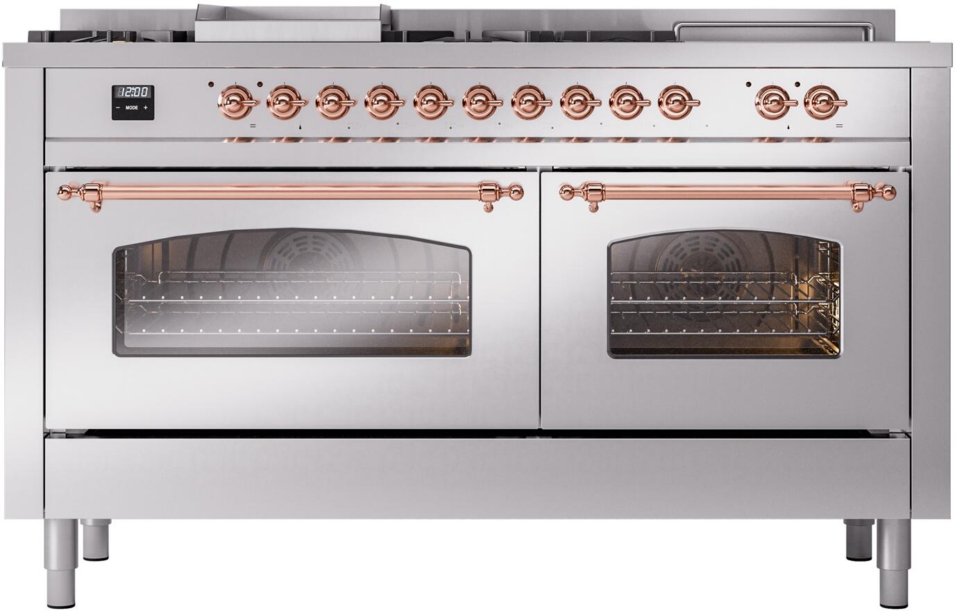 Stainless steel dual fuel gas range with French top, two glass-door ovens, copper accents