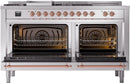 ILVE Nostalgie II 60-Inch Propane Gas Dual Fuel Range with 7 Burners, Griddle, & French Top with Triple Glass Door Oven in Stainless Steel with Copper Trim (UP60FSNMPSSPLP)