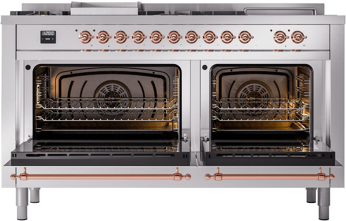 Stainless dual fuel range with both oven doors open, copper trim and baking racks inside
