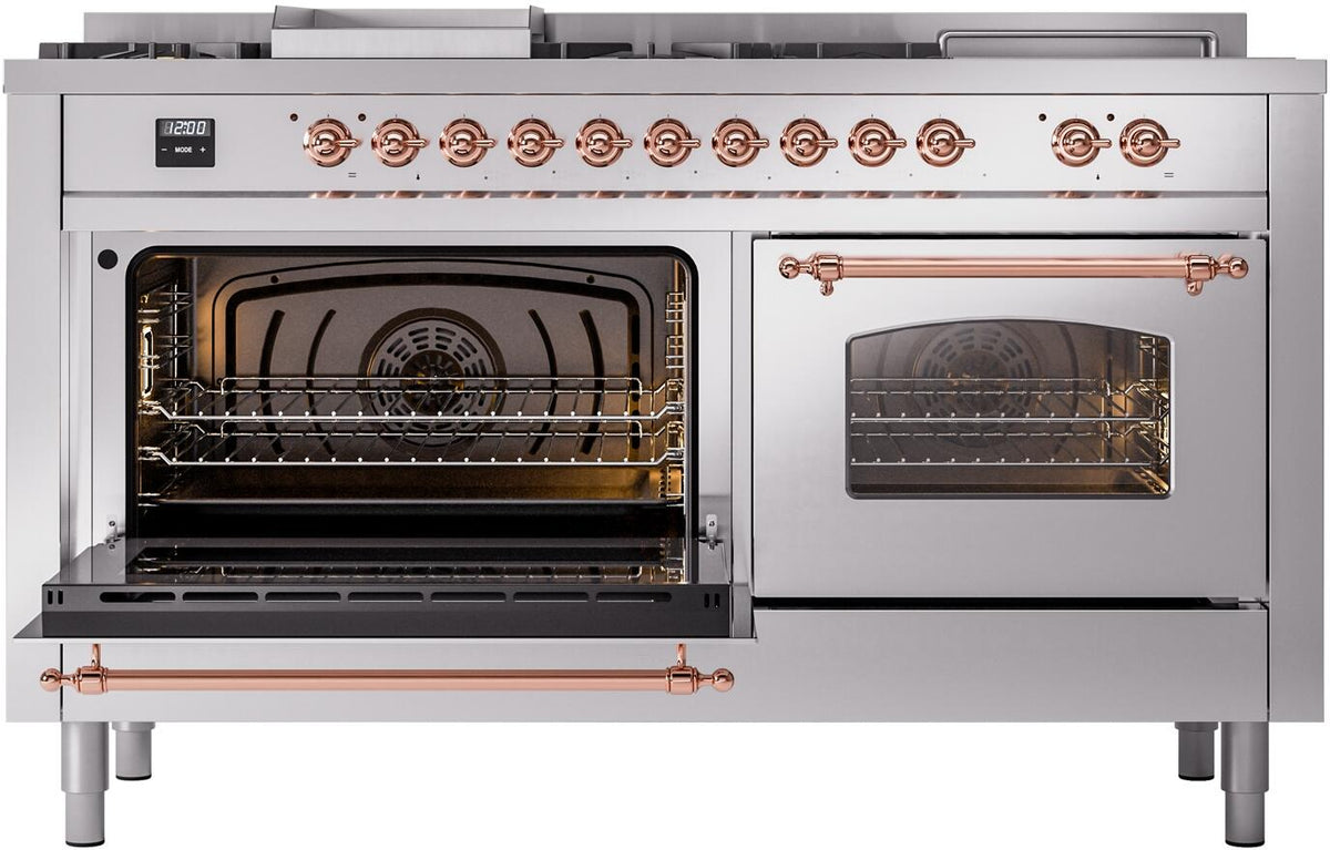 Stainless dual fuel range with left oven open and right oven door closed, copper trim bar