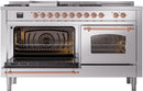 ILVE Nostalgie II 60-Inch Natural Gas Dual Fuel Range with 7 Burners, Griddle, & French Top with Triple Glass Door Oven in Stainless Steel with Copper Trim (UP60FSNMPSSP)