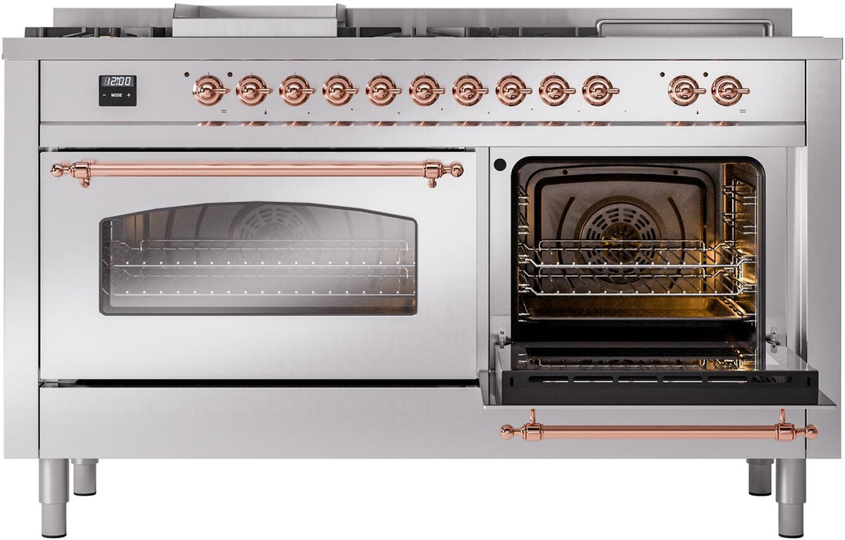 Stainless dual fuel range with left window oven and right open oven, copper trim details