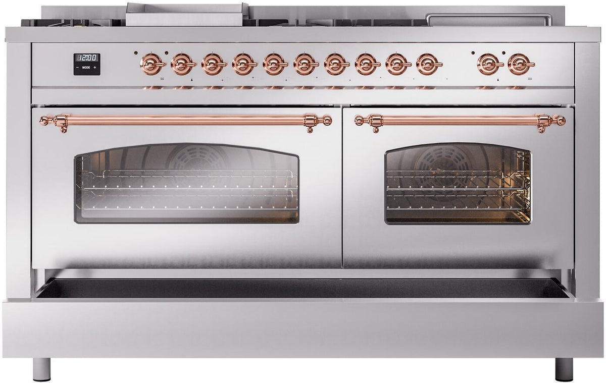 Stainless steel gas range with two closed glass oven doors and copper handle bars