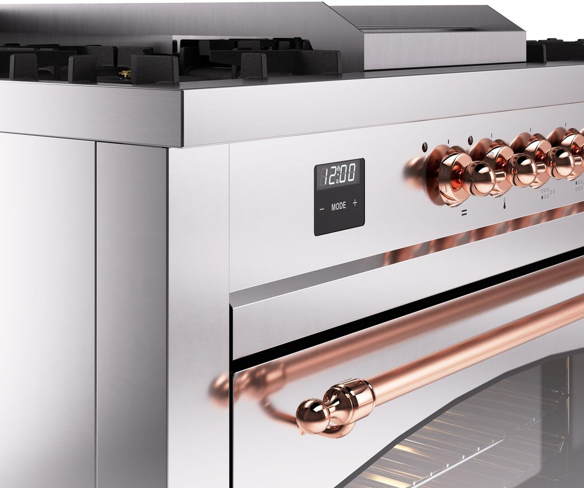 Stainless steel range control panel with copper knobs and digital display