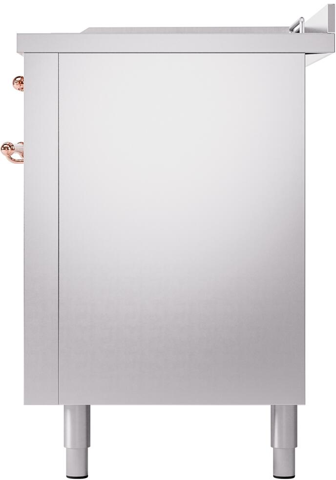 Stainless steel range rear side panel with copper knob detail and leveling legs