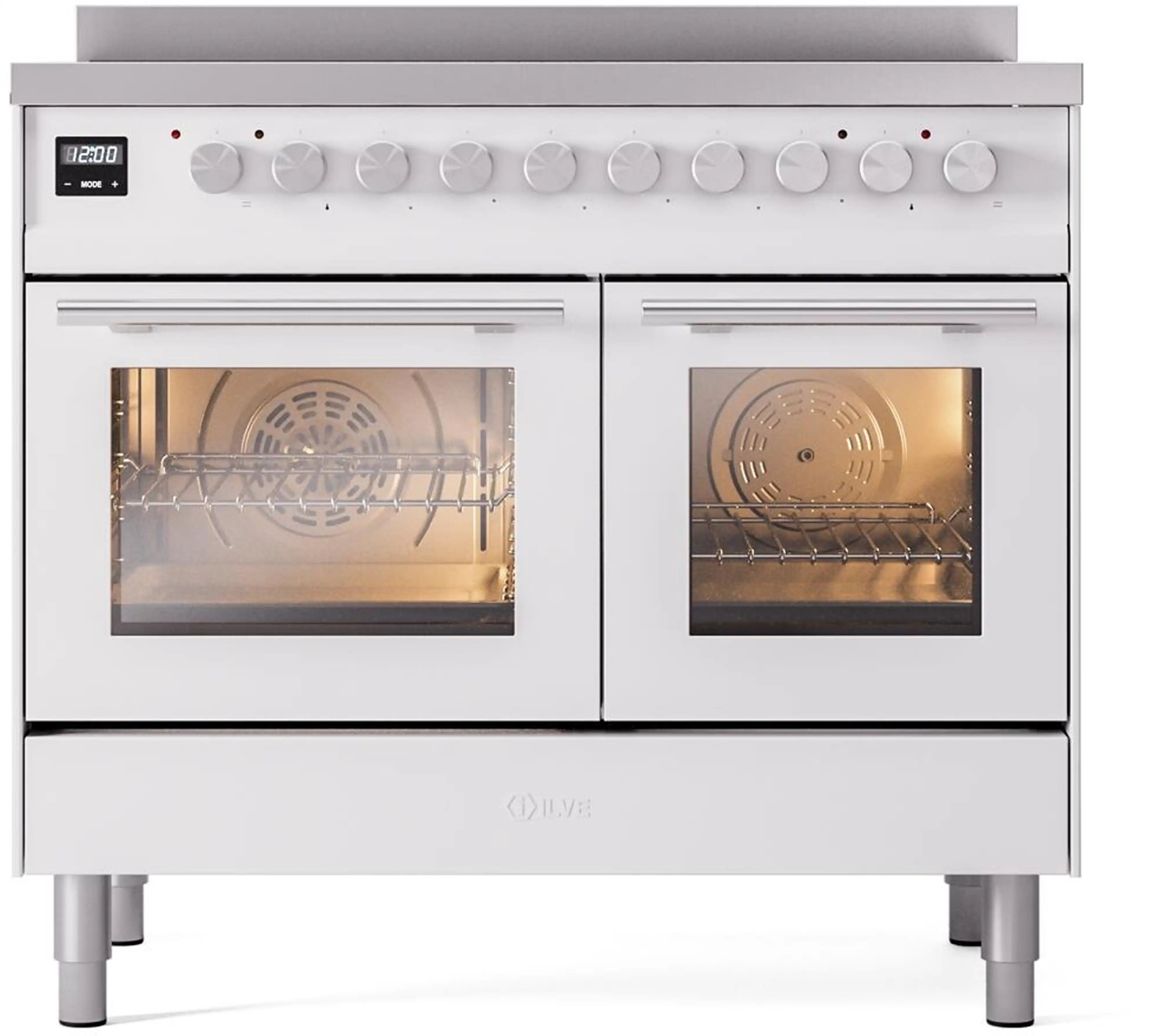 White professional induction range with two ovens and control knobs across the back panel.