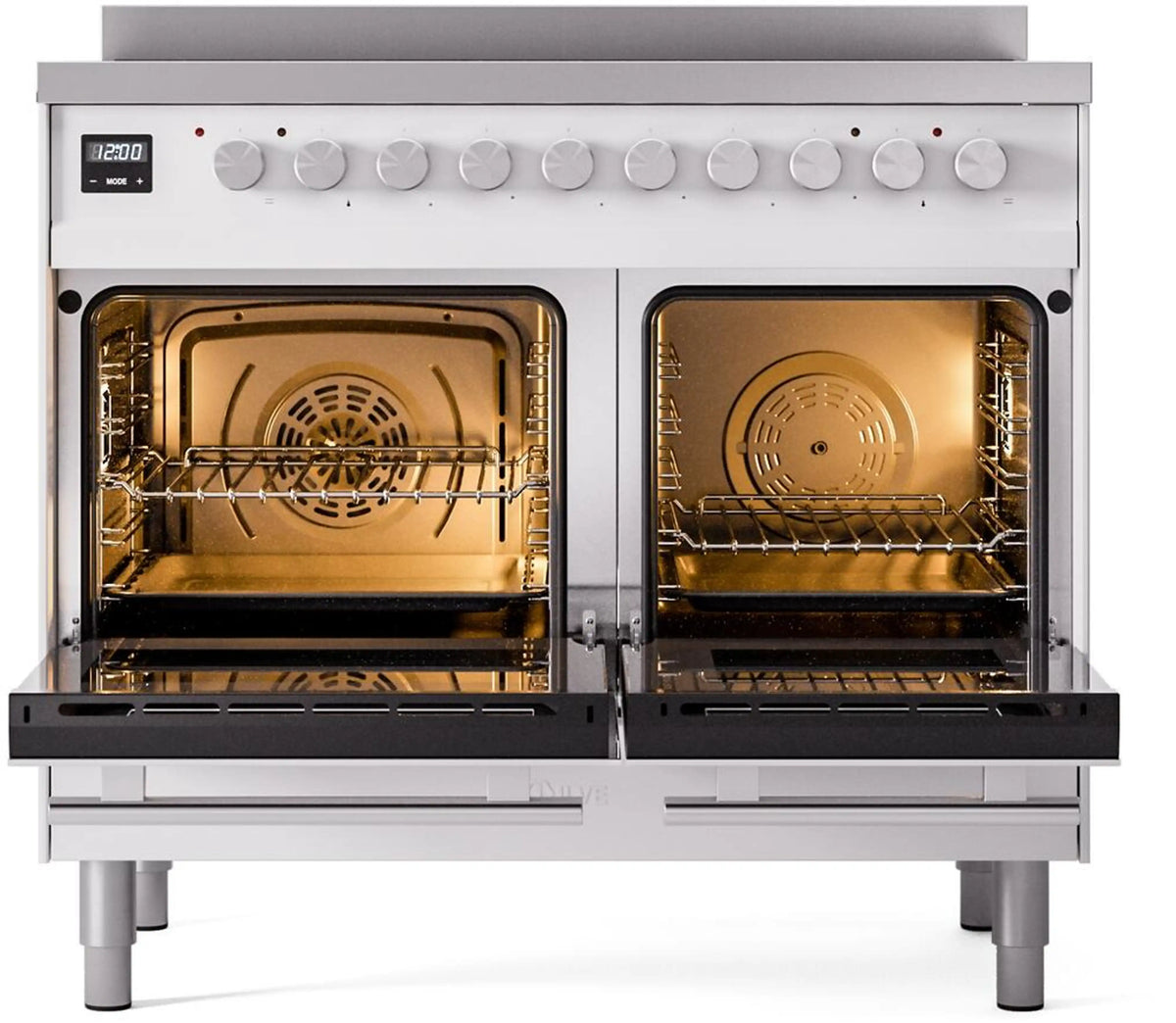 White induction range with both oven doors open, showing racks inside.