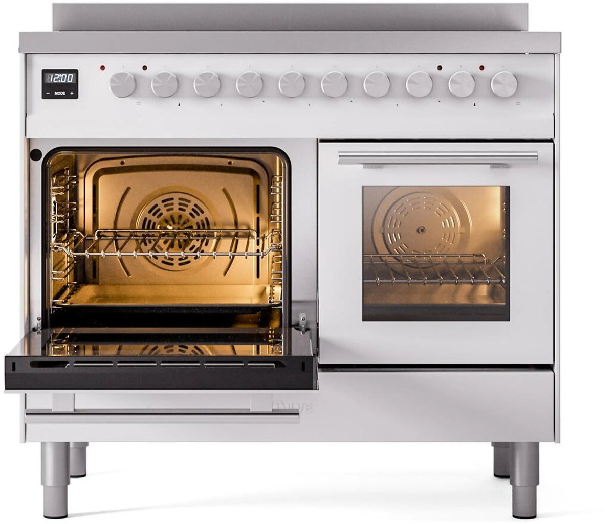 White induction range with left oven open and right oven door open, showing racks.