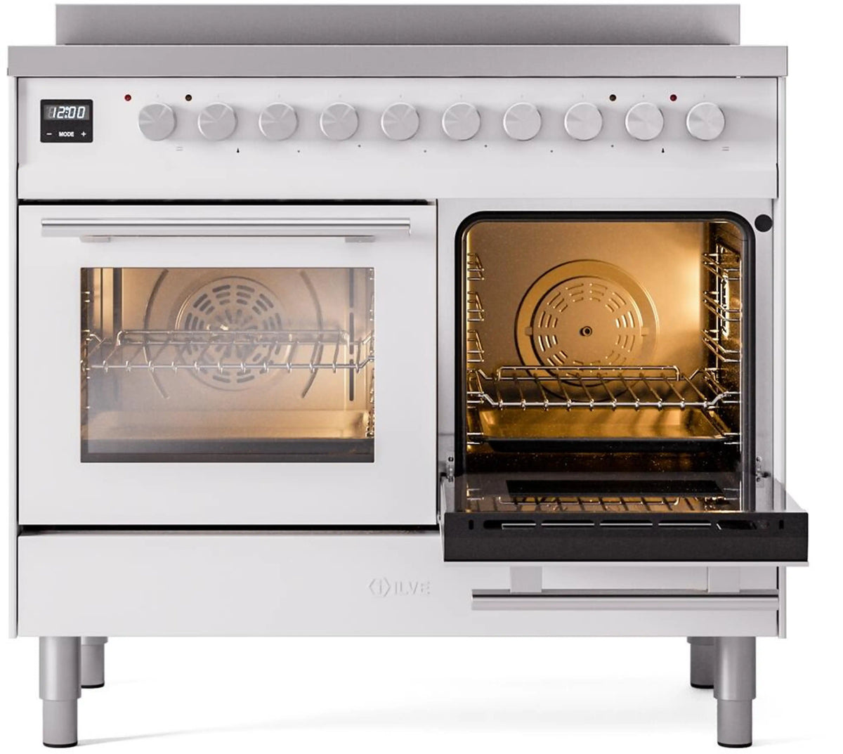 White induction range with left oven closed and right oven door open, showing an oven rack.