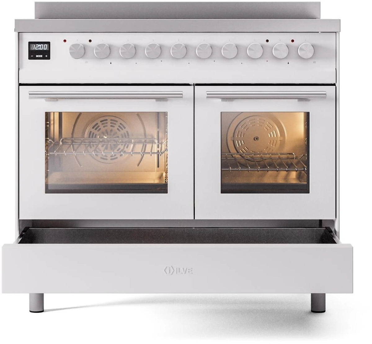 White induction range with both oven doors open and a lower storage drawer extended.