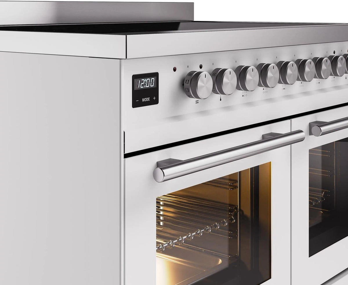 White induction range control panel with round knobs and a stainless oven door handle.