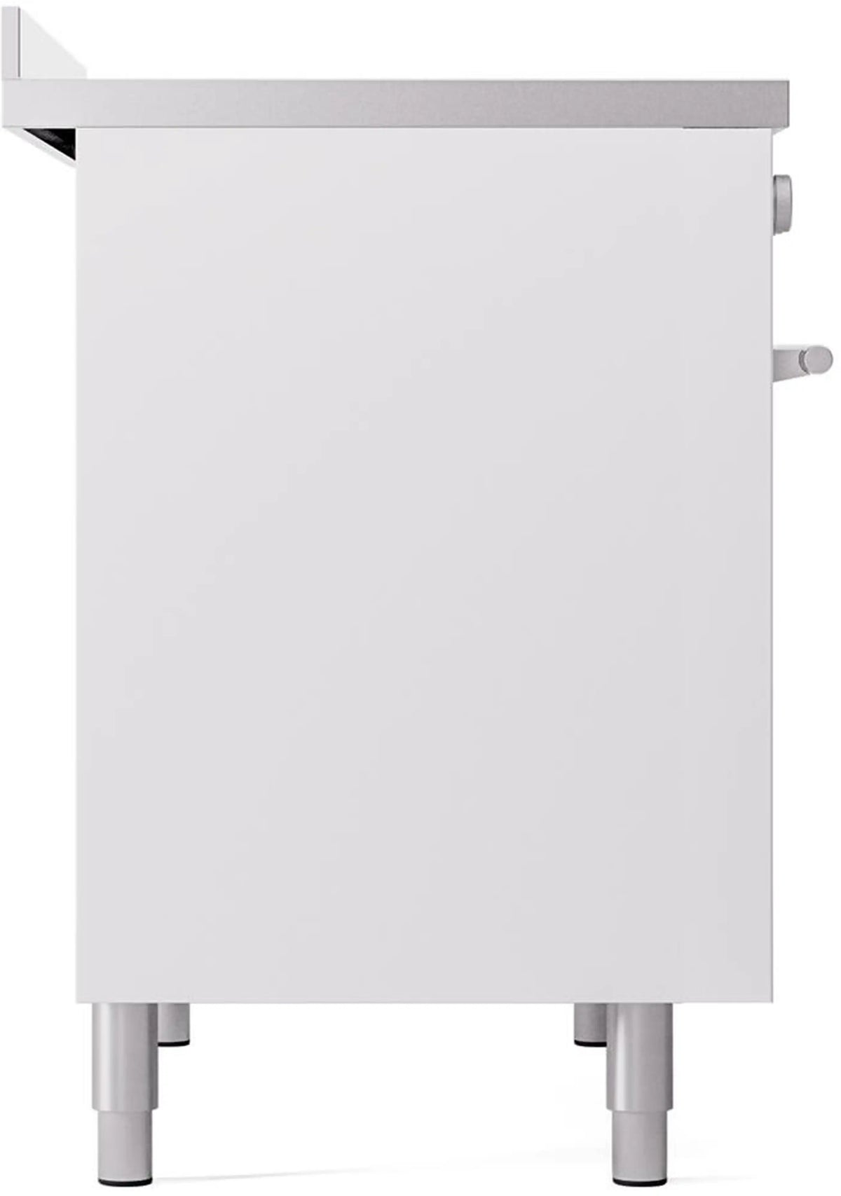 White lower side panel of an induction range on leveling feet.