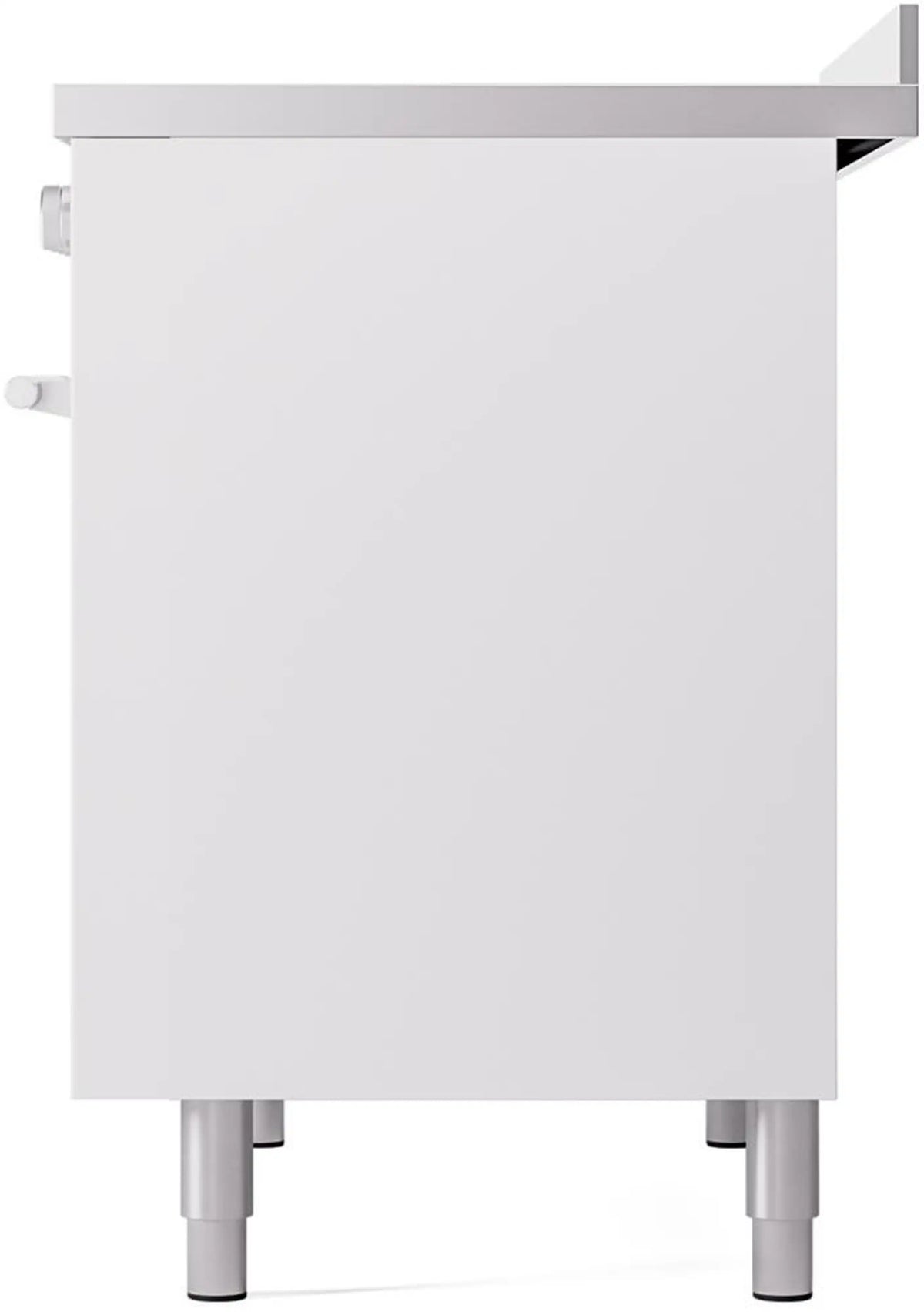 White end panel of an induction range with visible corner mounting hardware.