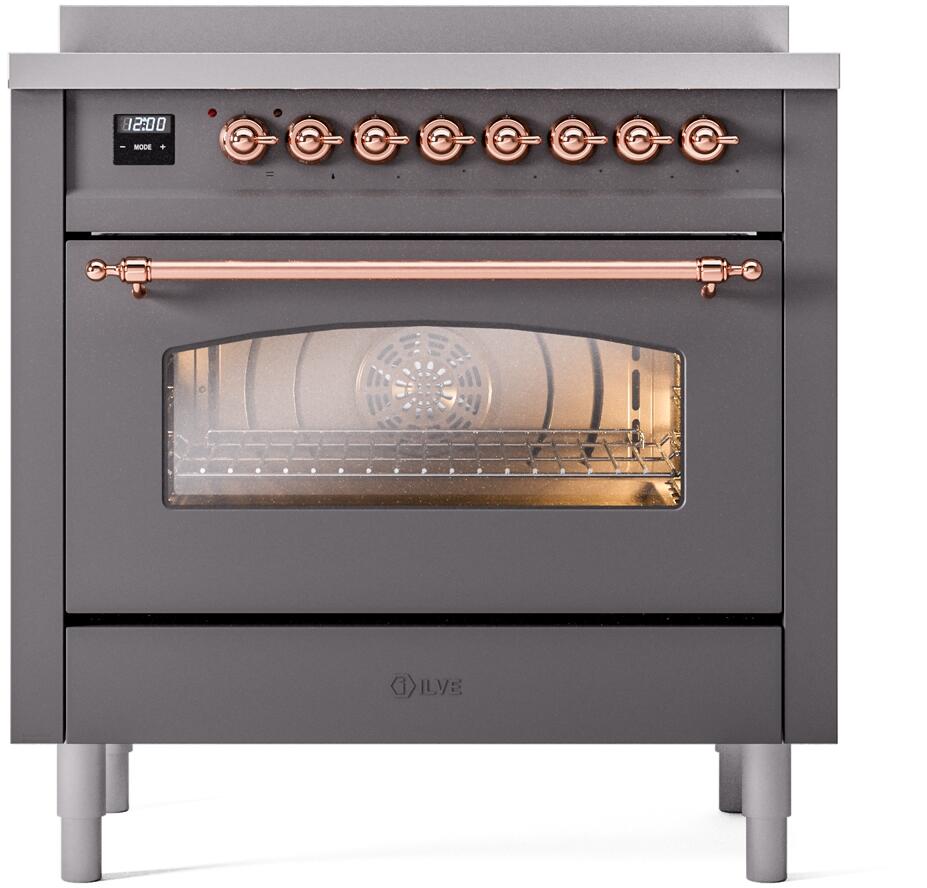 Matte graphite freestanding induction range with oven door window and copper knobs