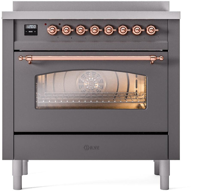 ILVE Nostalgie II 36-Inch Freestanding Electric Induction Range in Matte Graphite with Copper Trim (UPI366NMPMGP)