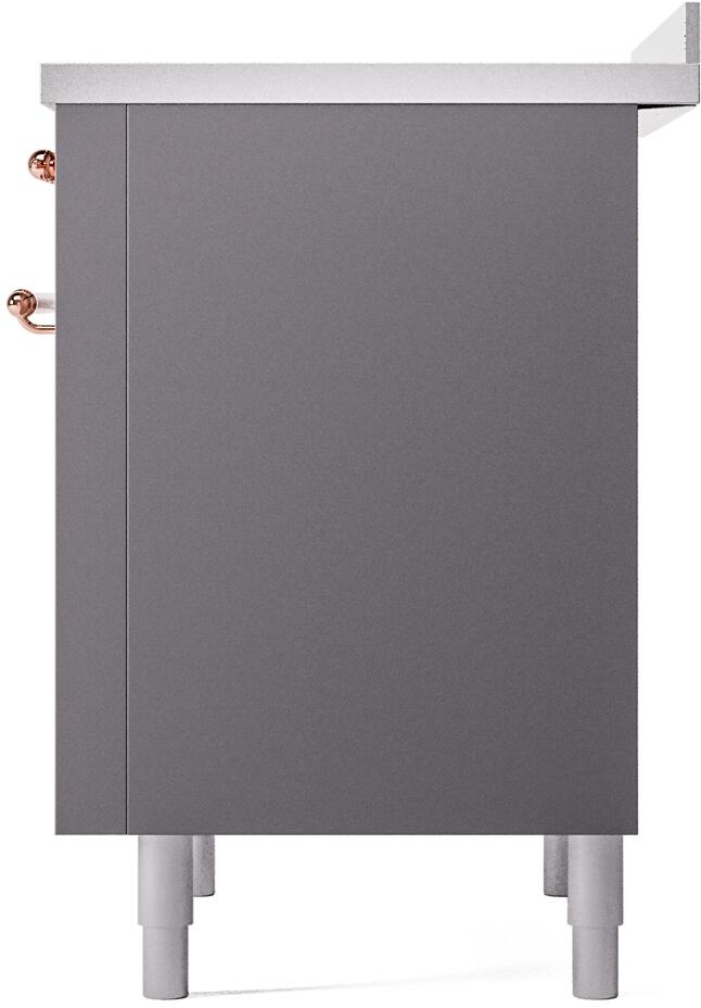 Matte graphite induction range rear side panel with copper handle and leveling feet