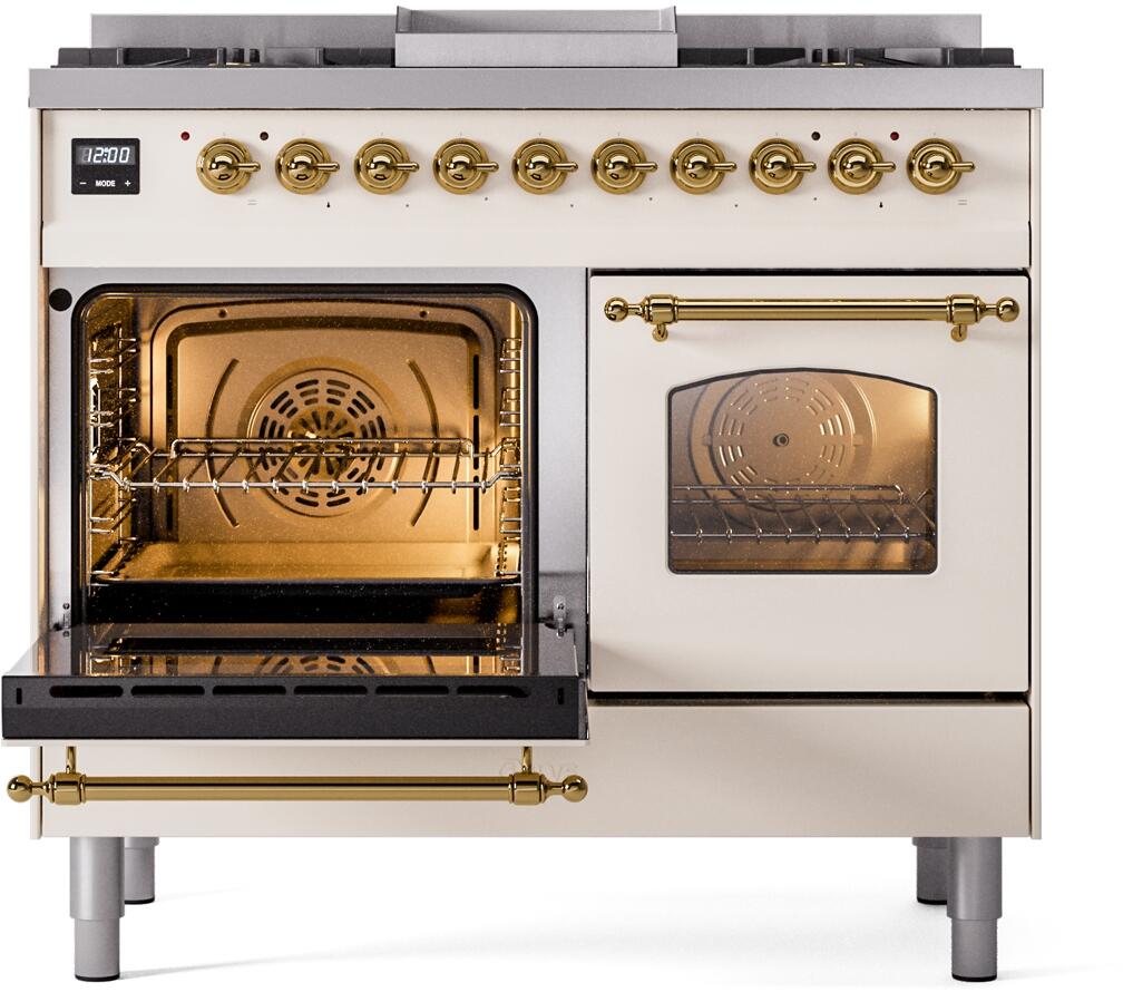 Freestanding dual-fuel range with left oven open and right oven door closed, brass handle bars