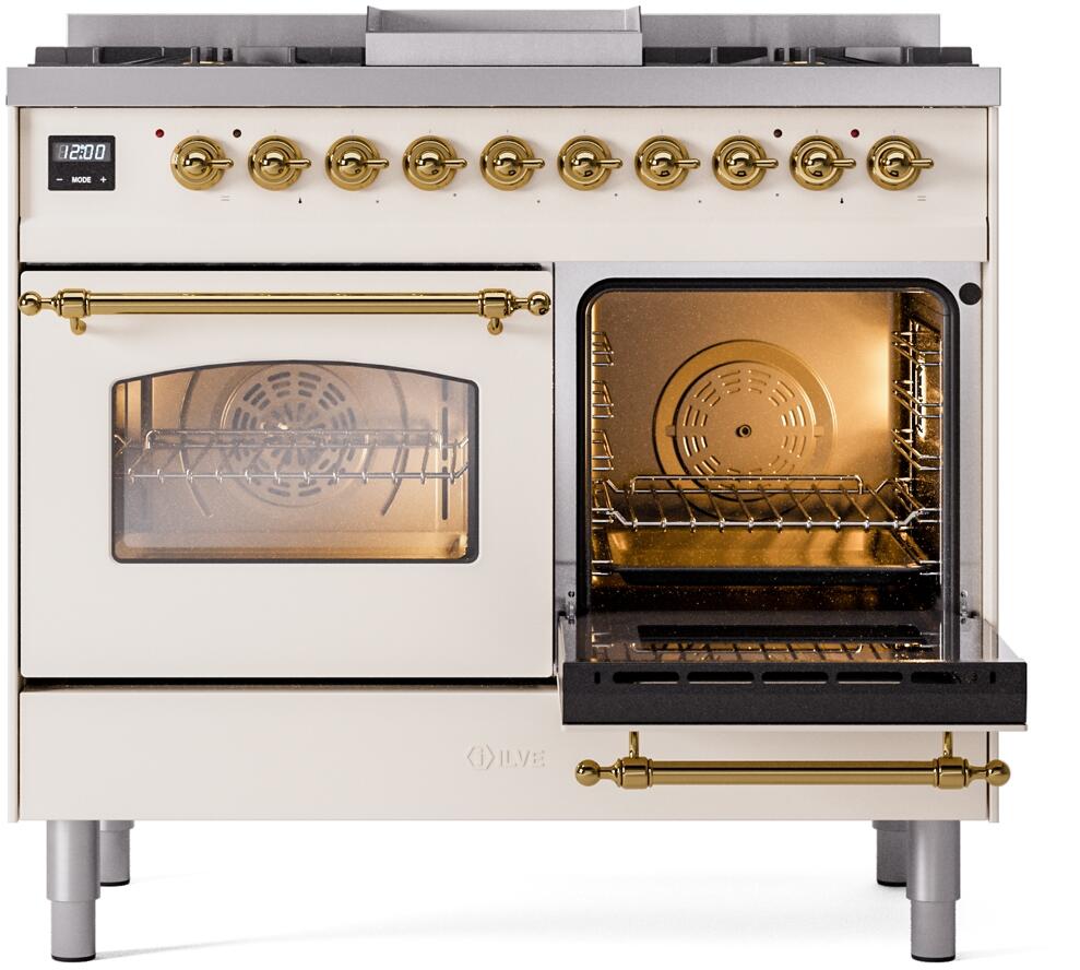 Freestanding dual-fuel range with right oven open and left oven door closed, brass handle