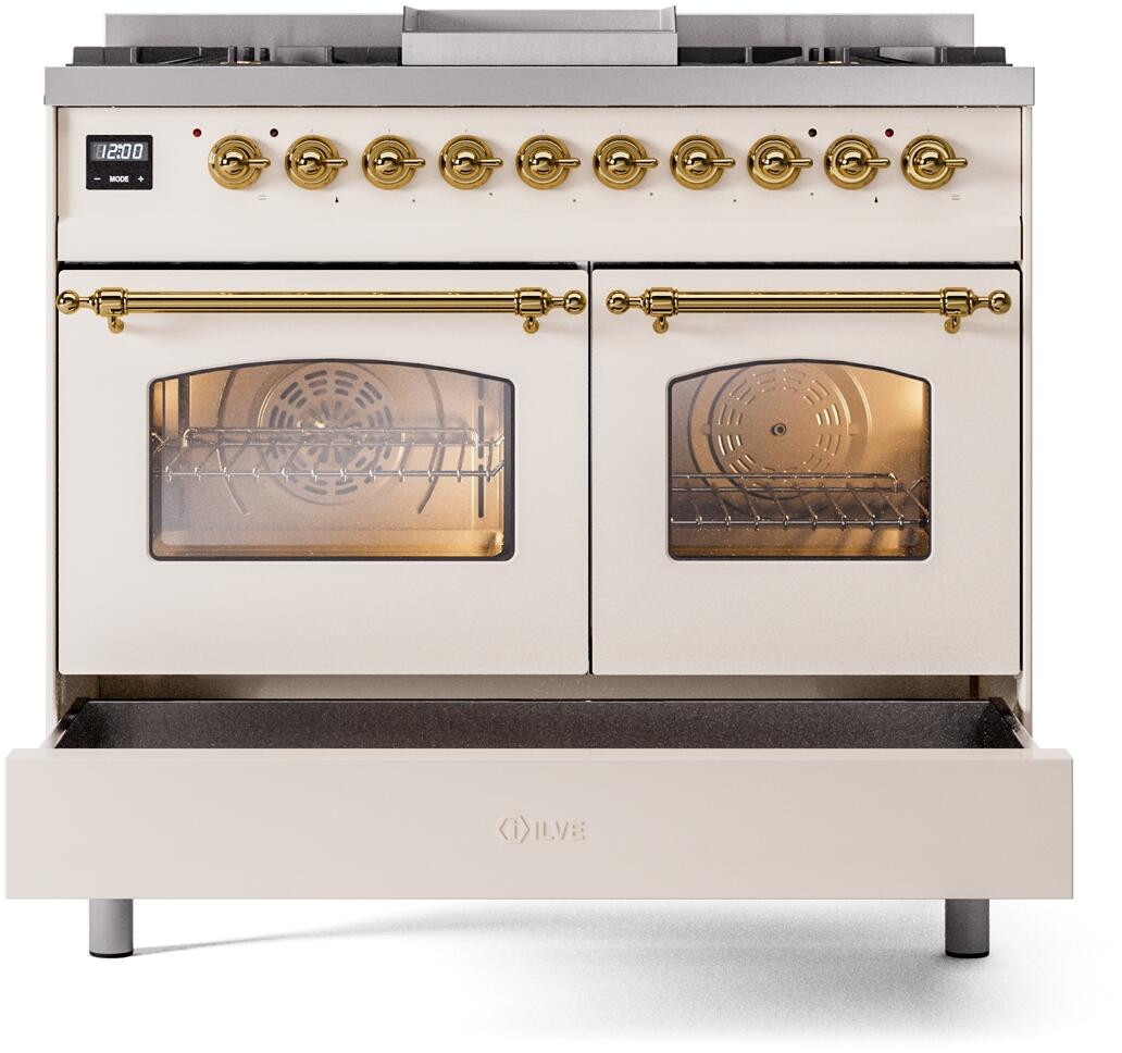 Front view of freestanding range with both oven doors closed, antique white and brass trims